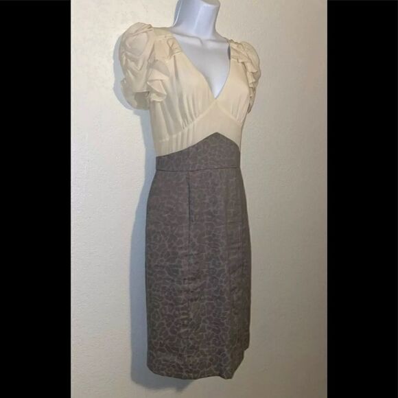 Rebecca Taylor silk Linen‎ Ruffled Sheath Combo Dress Ruched Ivory size 2 - Picture 2 of 8